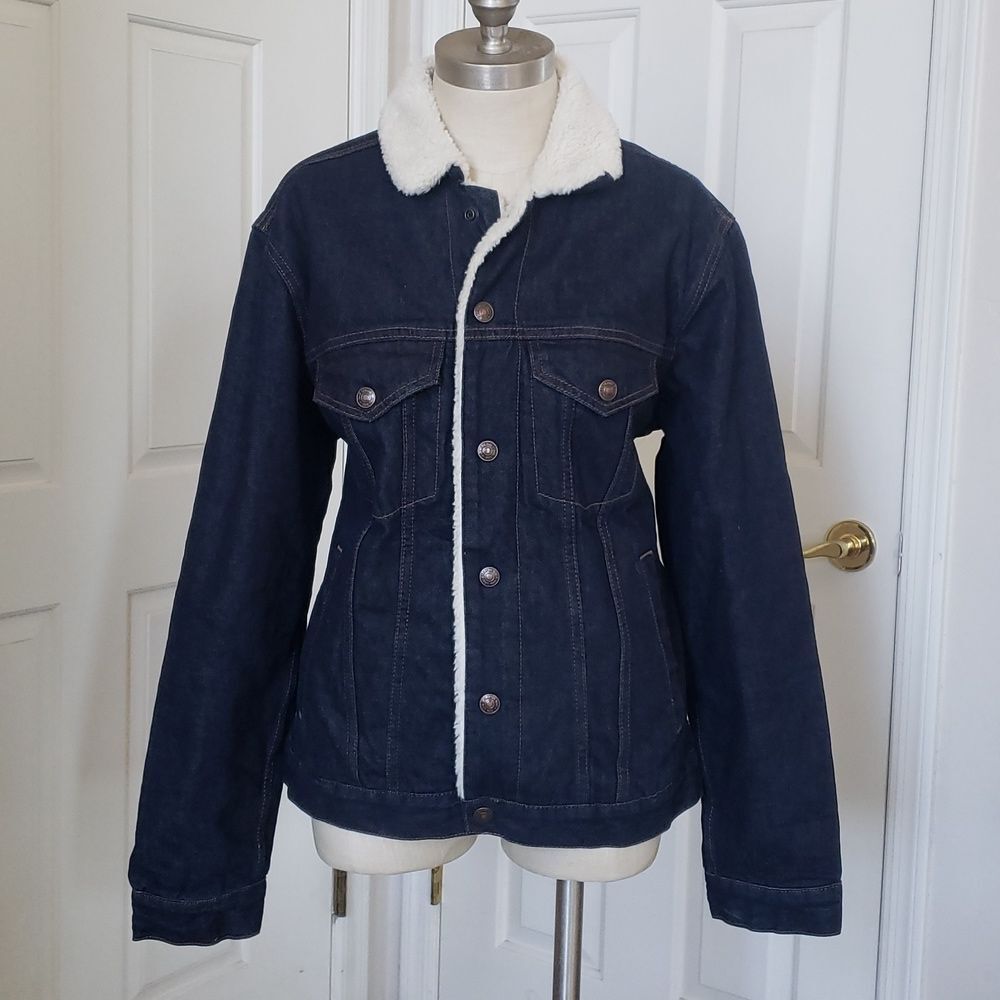 GAP Sherpa Lined Denim Trucker Jacket Dark Blue Oversized Cozy • SIZE SMALL - Picture 3 of 14